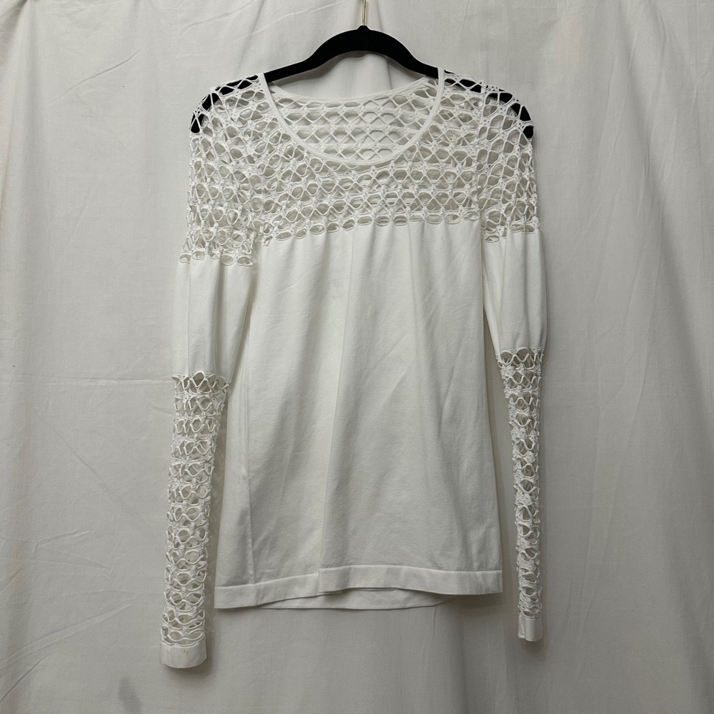 Venus White Crochet Lattice Yoke Long Sleeve Top Large Boho Seamless